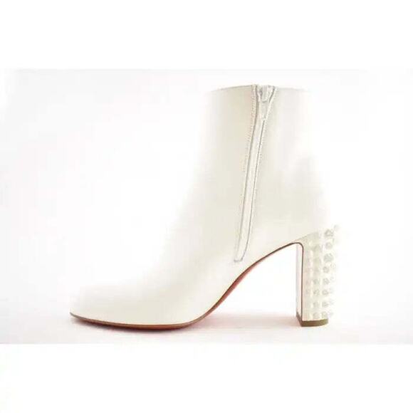 Christian Louboutin Suzi Folk 85 White Snow Leather Spike Ankle Heel Bootie 35 - Picture 8 of 10